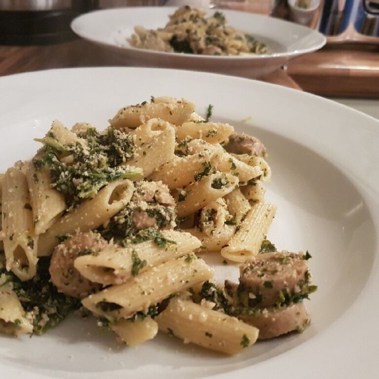 Kale Walnut Pesto Pasta with Vegan Sausages