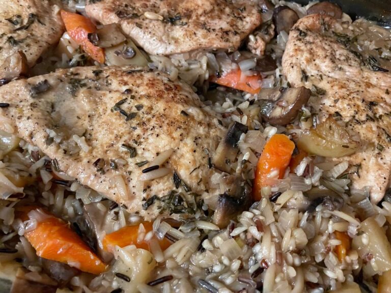 “One Pot Wonder: Lemon Rosemary Dijon Chicken with Butter Toasted Rice Pilaf”