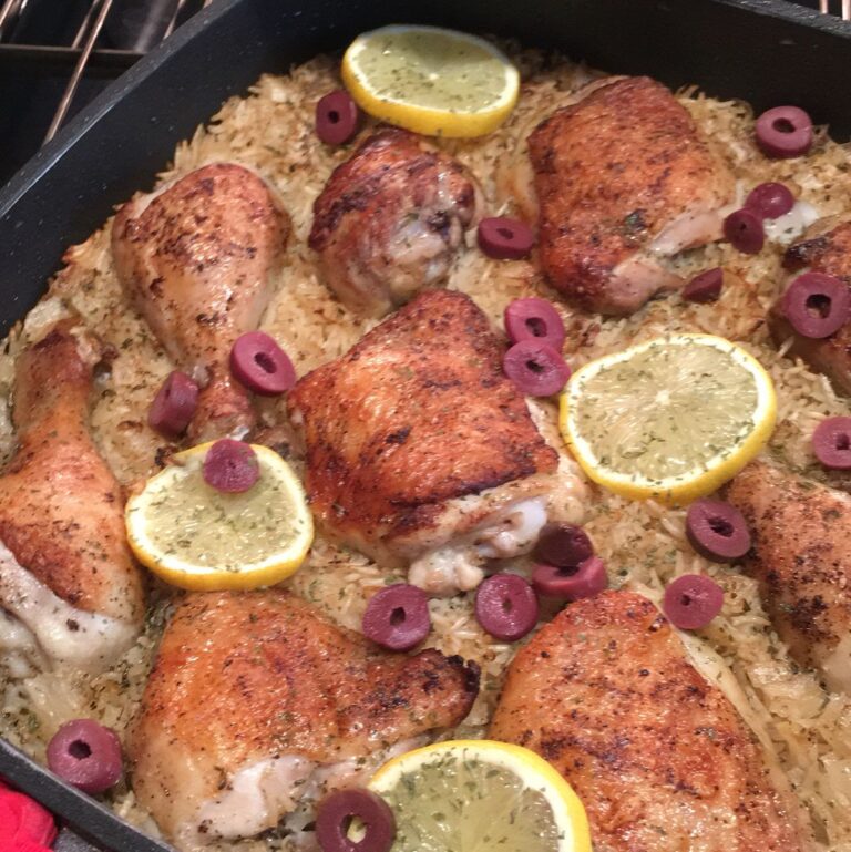 Irresistible One Pan Greek Lemon Chicken Rice with Roast Garlic