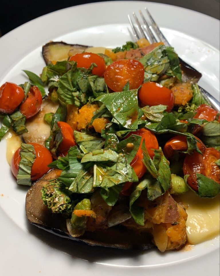 “Griddled Aubergine with Smashed Avocado & Blistered Tomatoes: A Burst of Mediterranean Flavor!”