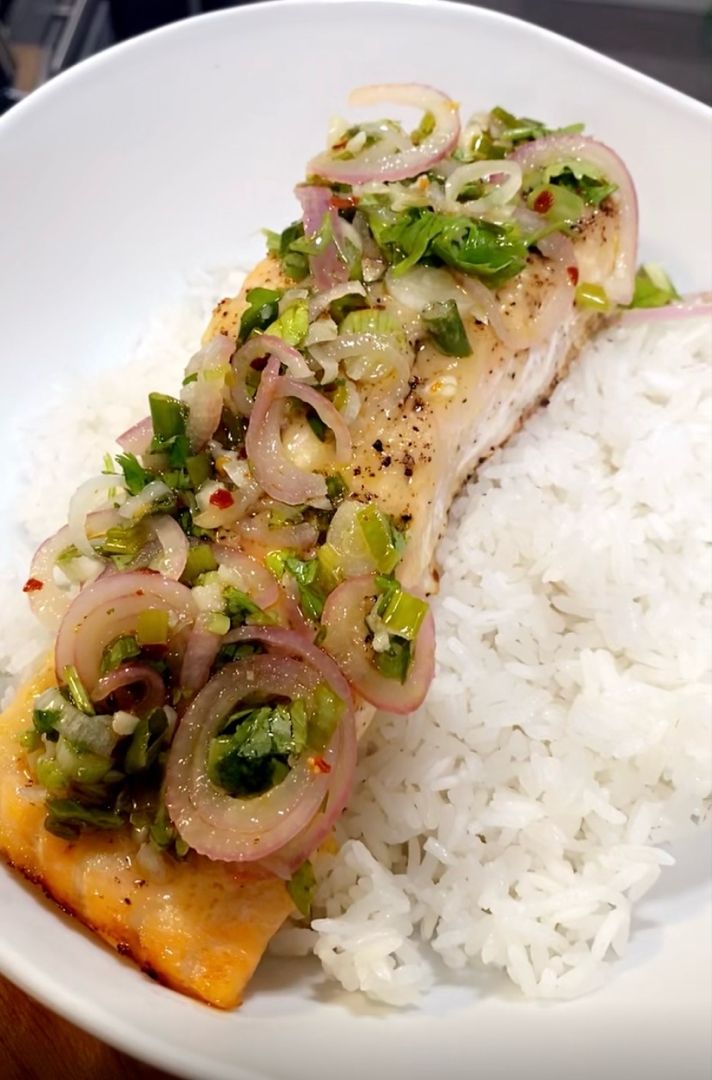 Miso Butter Salmon with Sizzled Scallion Salsa Verde